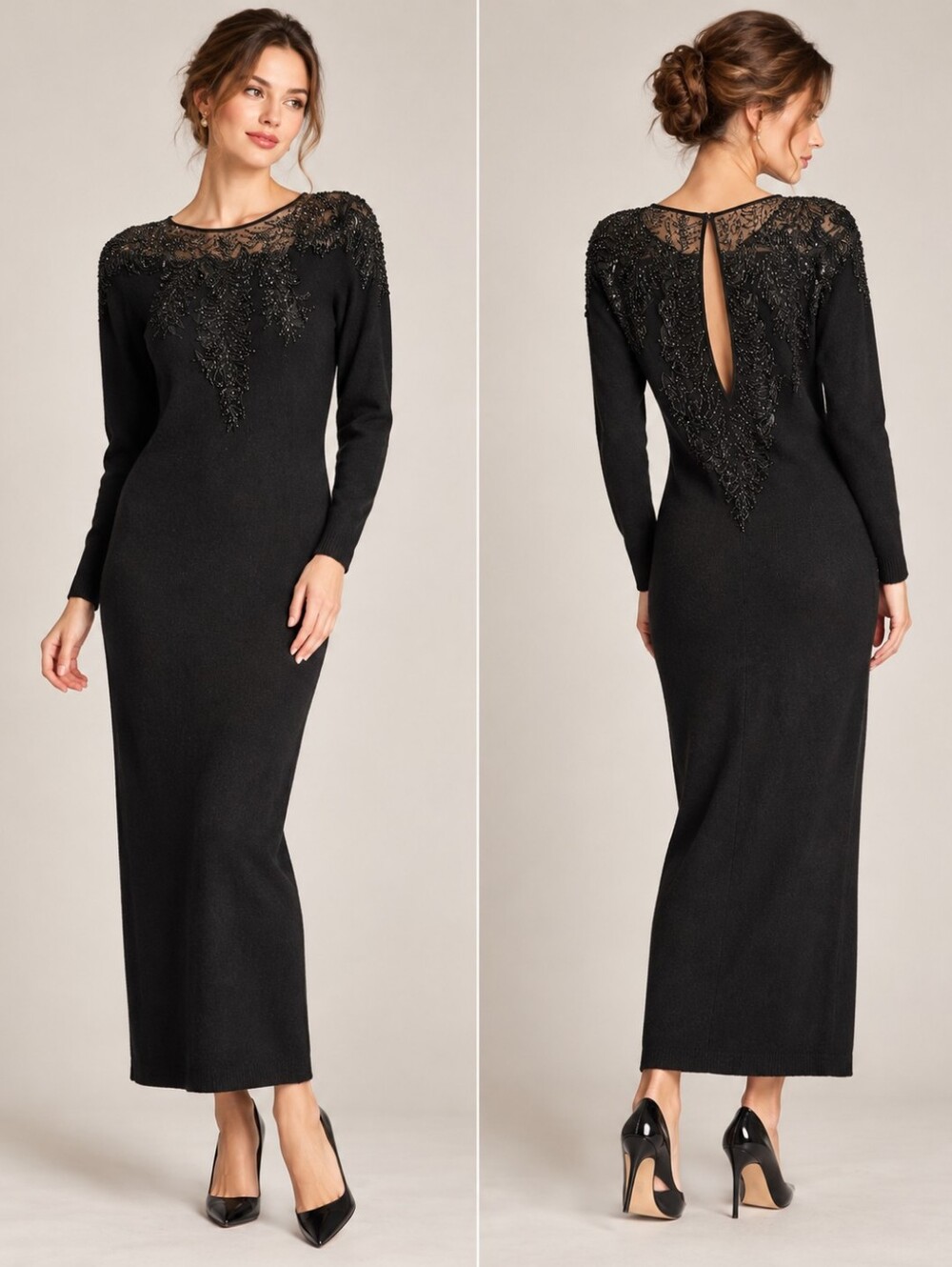 Vintage Nancy Johnson Black Lambswool Beaded Sheer Back Midi Dress M